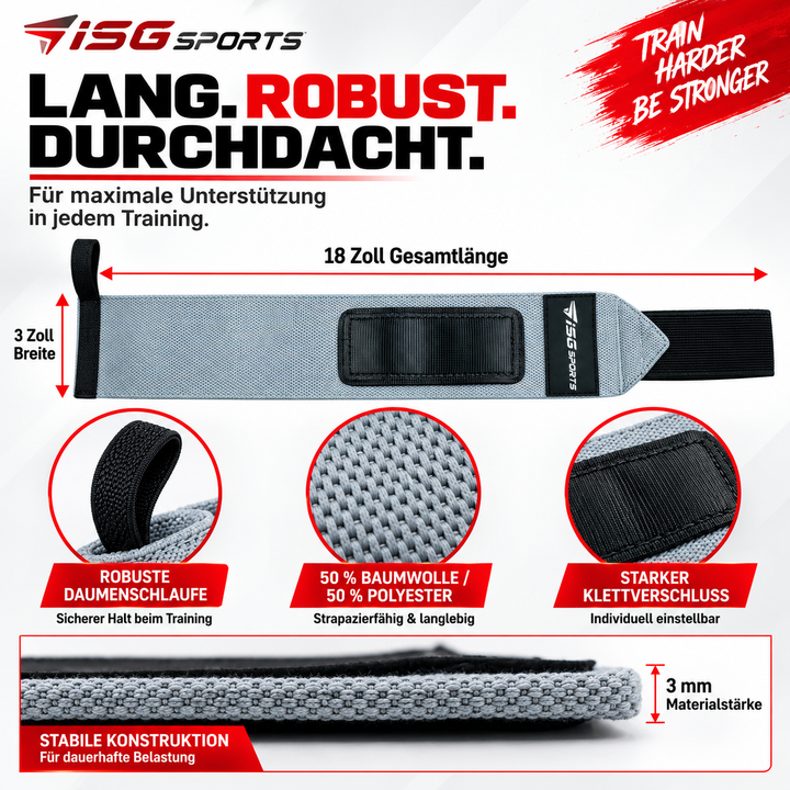 ISG Sports Heavy-Duty Wrist Wraps Grau Handgelenkbandagen mit Daumenschlaufe &amp; Klettverschluss für maximale Unterstützung Kompression &amp; Schutz bei schweren Lifts