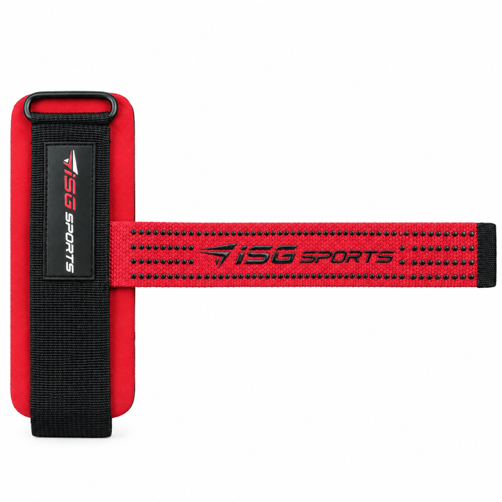ISG Sports Non-Slip Weightlifting Wrist Straps in Rot Robustes Baumwollband &amp; starke Stahl-Schnalle Non-Slip Handgelenkstraps mit 7 mm Neopren