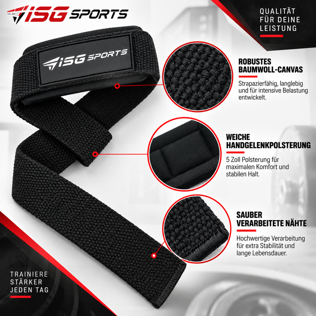 ISG Sports Lifting Straps Schwarz Handgelenkstraps mit 5 Zoll Polsterung für Deadlifts, Rows &amp; Zugübungen maximalen Halt &amp; Komfort