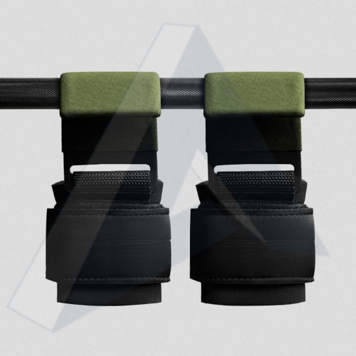 ISG sports Lifting Hooks Grün – Premium Hebehaken aus Stahl mit gepolsterten Handgelenkriemen – Griffhilfe für Kreuzheben, Rudern, Klimmzüge &amp; Krafttraining