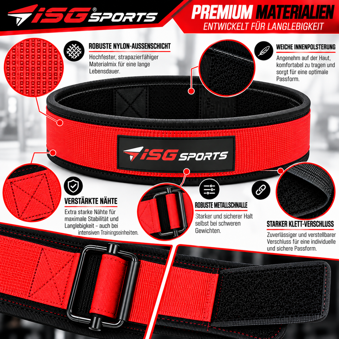 ISG Sports Nylon Rot Weightlifting Belt 95 cm Länge  Premium Nylon, Metall Schnalle &amp; Klettverschluss Für Gewichtheben, Krafttraining &amp; Powerlifting
