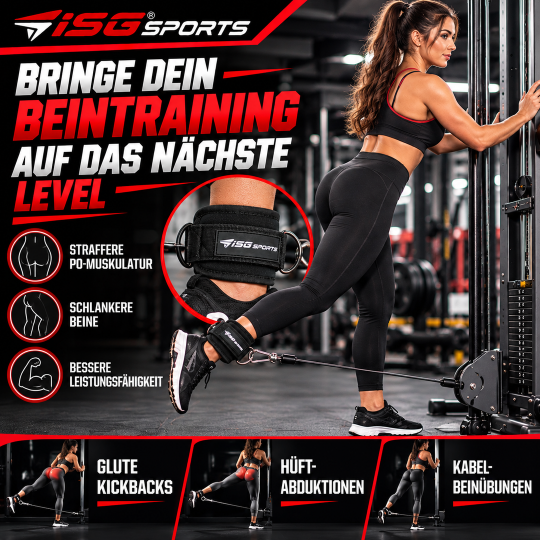 ISG Sports Schwarz Ankle Straps 7 mm Neopren, 27,94 cm Länge,Doppelte Stahl D-Ringe, Klettverschluss  Für Cross Training &amp; Beinpresse