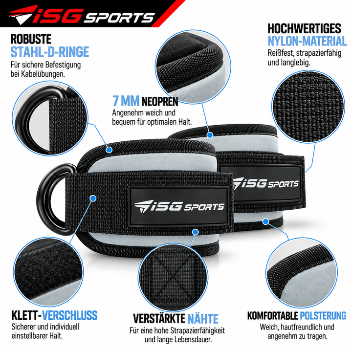 ISG Sports Graue Knöchel Straps 7 mm Neopren 28 cm Länge,Robuste Stahl D-Ringe &amp; Klettverschluss  Für Beintraining, Po-Straffung &amp; Kabelübungen