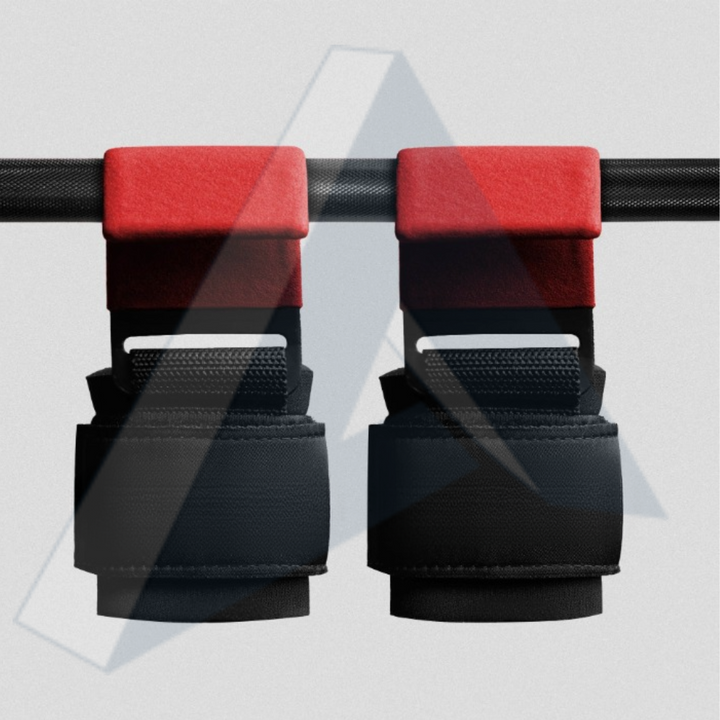ISG sports Lifting Hooks Rot – Premium Hebehaken aus Stahl mit gepolsterten Handgelenkriemen – Griffhilfe für Krafttraining, Kreuzheben, Rudern, Klimmzüge &amp; Bodybuilding