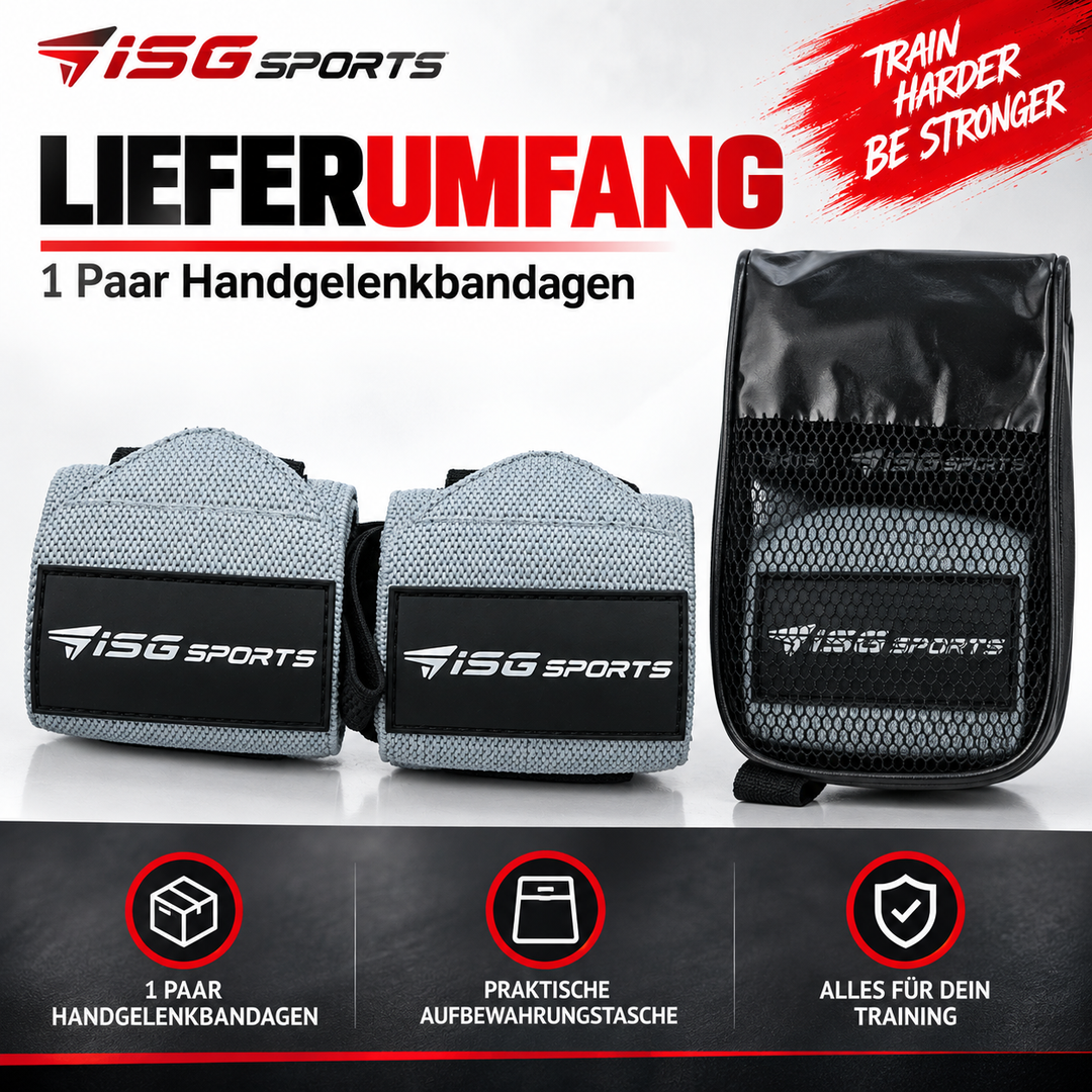 ISG Sports Heavy-Duty Wrist Wraps Grau Handgelenkbandagen mit Daumenschlaufe &amp; Klettverschluss für maximale Unterstützung Kompression &amp; Schutz bei schweren Lifts