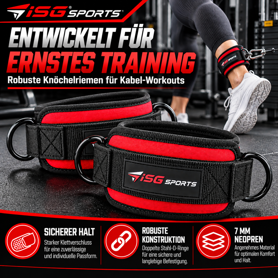 ISG Sports Rote Knöchel Straps 7mm Neopren 27,94 cm Länge, Doppelte Stahl-D-Ringe &amp; Klettverschluss Perfekt Für Glute Kickbacks, Hip Abductions &amp; Cable Leg Exercises Kniebeugen