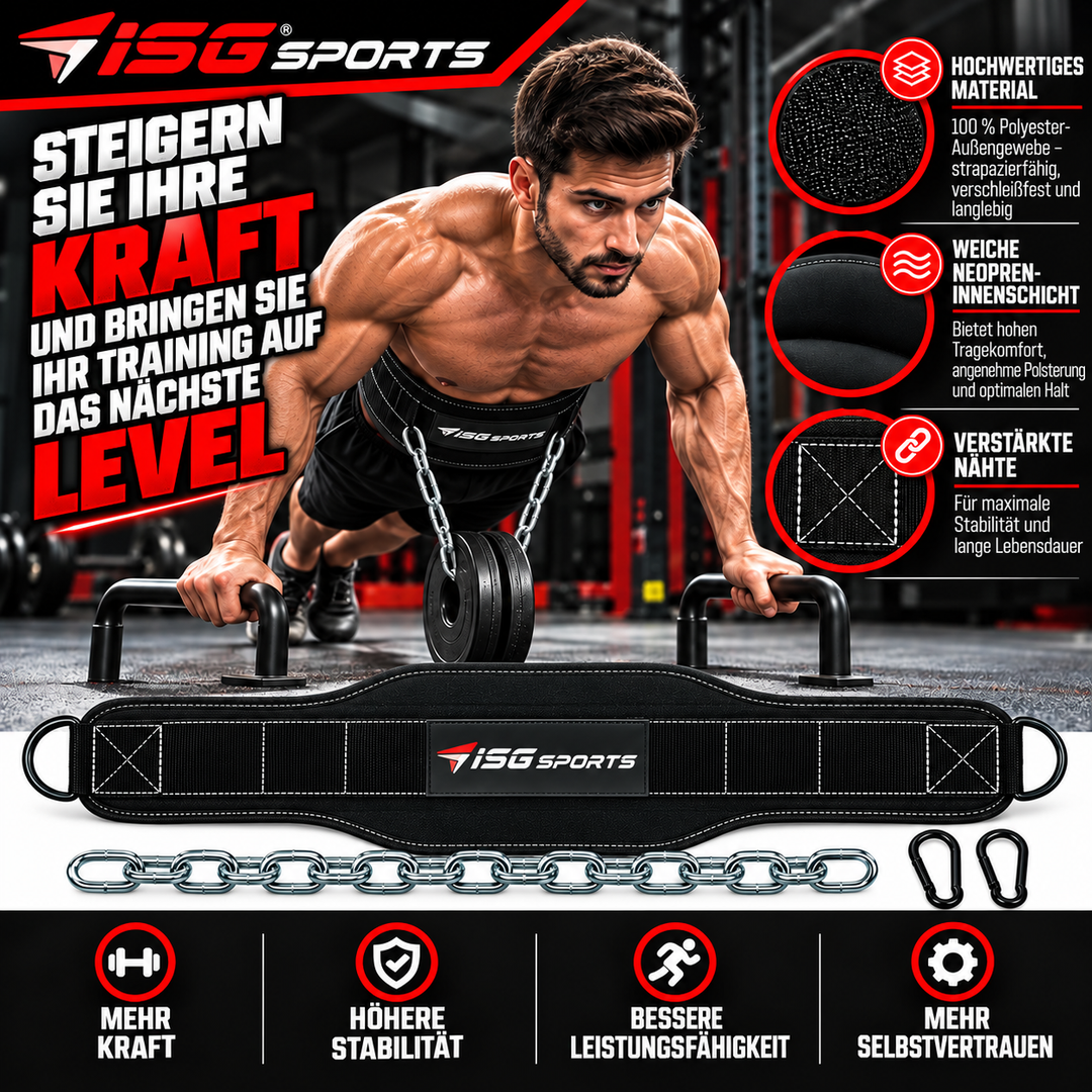 ISG Sports Dip Gürtel – 84 cm Länge, 10 cm Seitenbreite 100 % Polyester, Neopren, Stahlkette 80 cm &amp; 2 Karabiner – Für Dips &amp; Klimmzüge