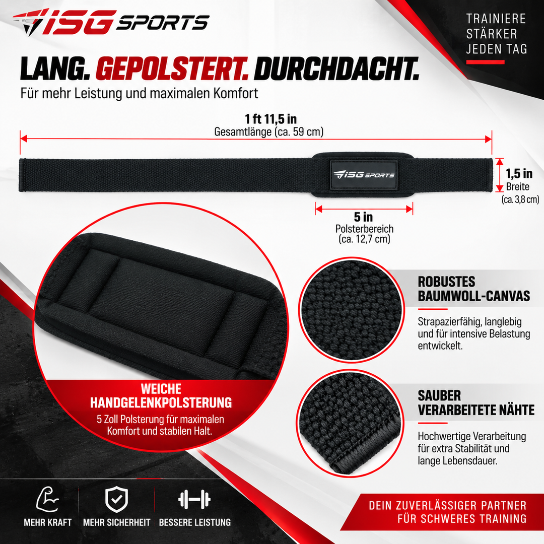 ISG Sports Lifting Straps Schwarz Handgelenkstraps mit 5 Zoll Polsterung für Deadlifts, Rows &amp; Zugübungen maximalen Halt &amp; Komfort