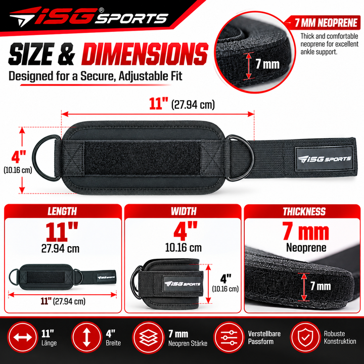 ISG Sports Schwarz Ankle Straps 7 mm Neopren, 27,94 cm Länge,Doppelte Stahl D-Ringe, Klettverschluss  Für Cross Training &amp; Beinpresse
