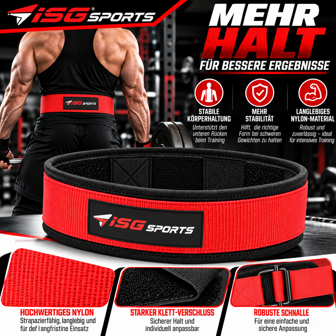 ISG Sports Nylon Rot Weightlifting Belt 95 cm Länge  Premium Nylon, Metall Schnalle &amp; Klettverschluss Für Gewichtheben, Krafttraining &amp; Powerlifting