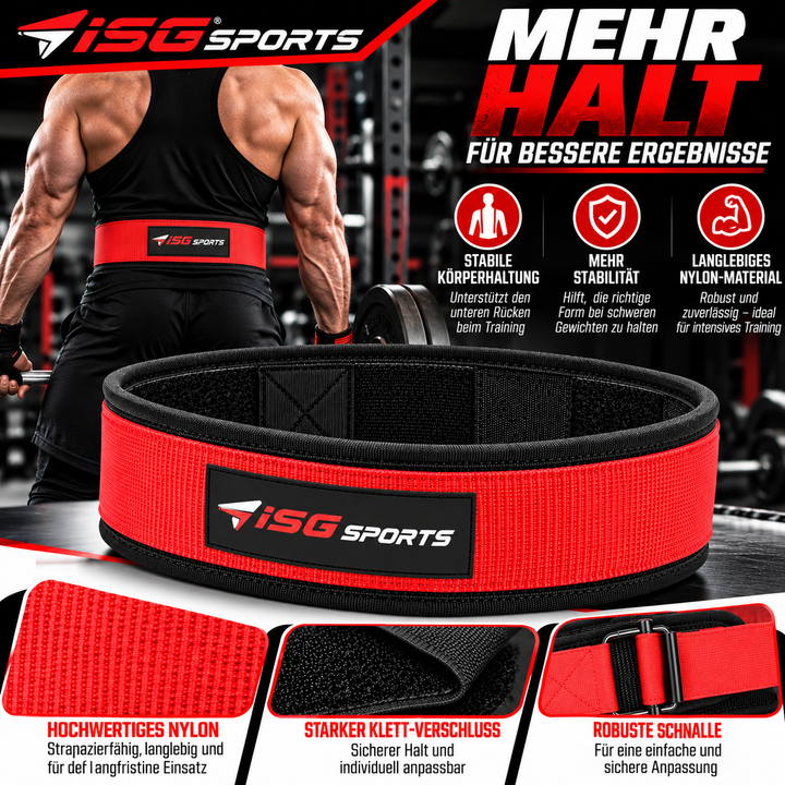 ISG Sports Nylon Rot Weightlifting Belt 95 cm Länge  Premium Nylon, Metall Schnalle &amp; Klettverschluss Für Gewichtheben, Krafttraining &amp; Powerlifting