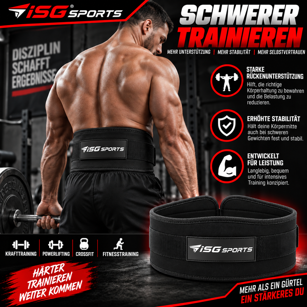 ISG Sports Premium Schwarz Weightlifting Belt 100 % Polyester &amp; Neopren – 94 cm Länge, 16 cm Rückenbreite Klettverschluss Für Powerlifting, CrossFit &amp; Krafttraining