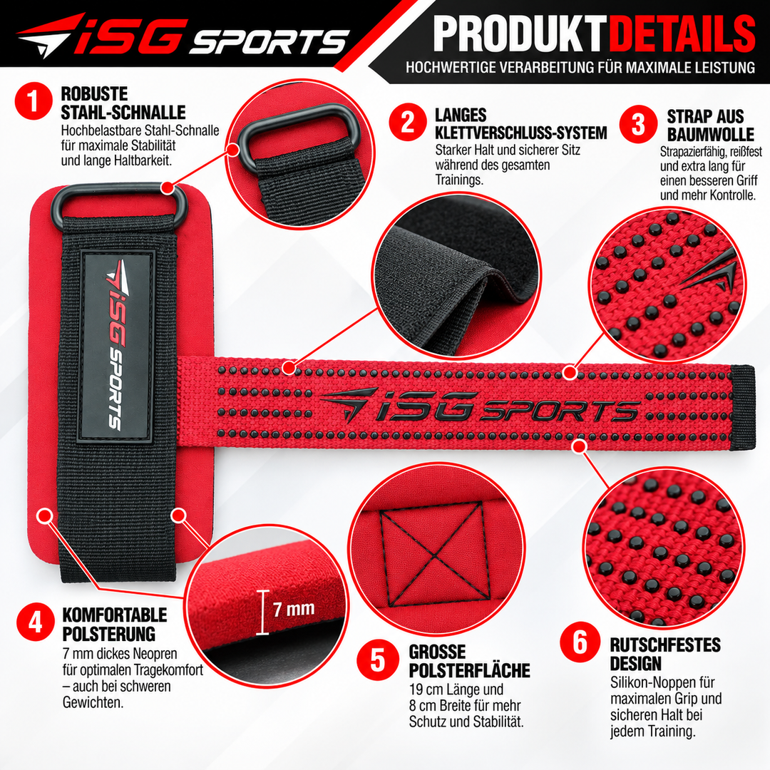 ISG Sports Non-Slip Weightlifting Wrist Straps in Rot Robustes Baumwollband &amp; starke Stahl-Schnalle Non-Slip Handgelenkstraps mit 7 mm Neopren