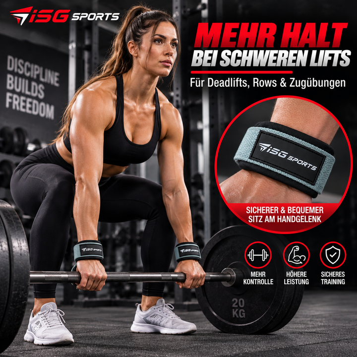 ISG Sports Lifting Straps Grau – Gel-Dotted Baumwoll-Handgelenkstraps für Deadlifts, Rows &amp; Zugübungen