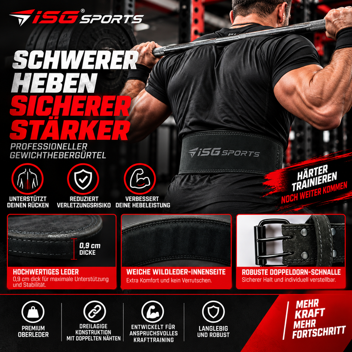 ISG Sports Einfach-Dorn Leder Hebegürtel – 4" Breit Premium Leder – Robust &amp; Langlebig für Powerlifting, Kniebeugen &amp; Kreuzheben