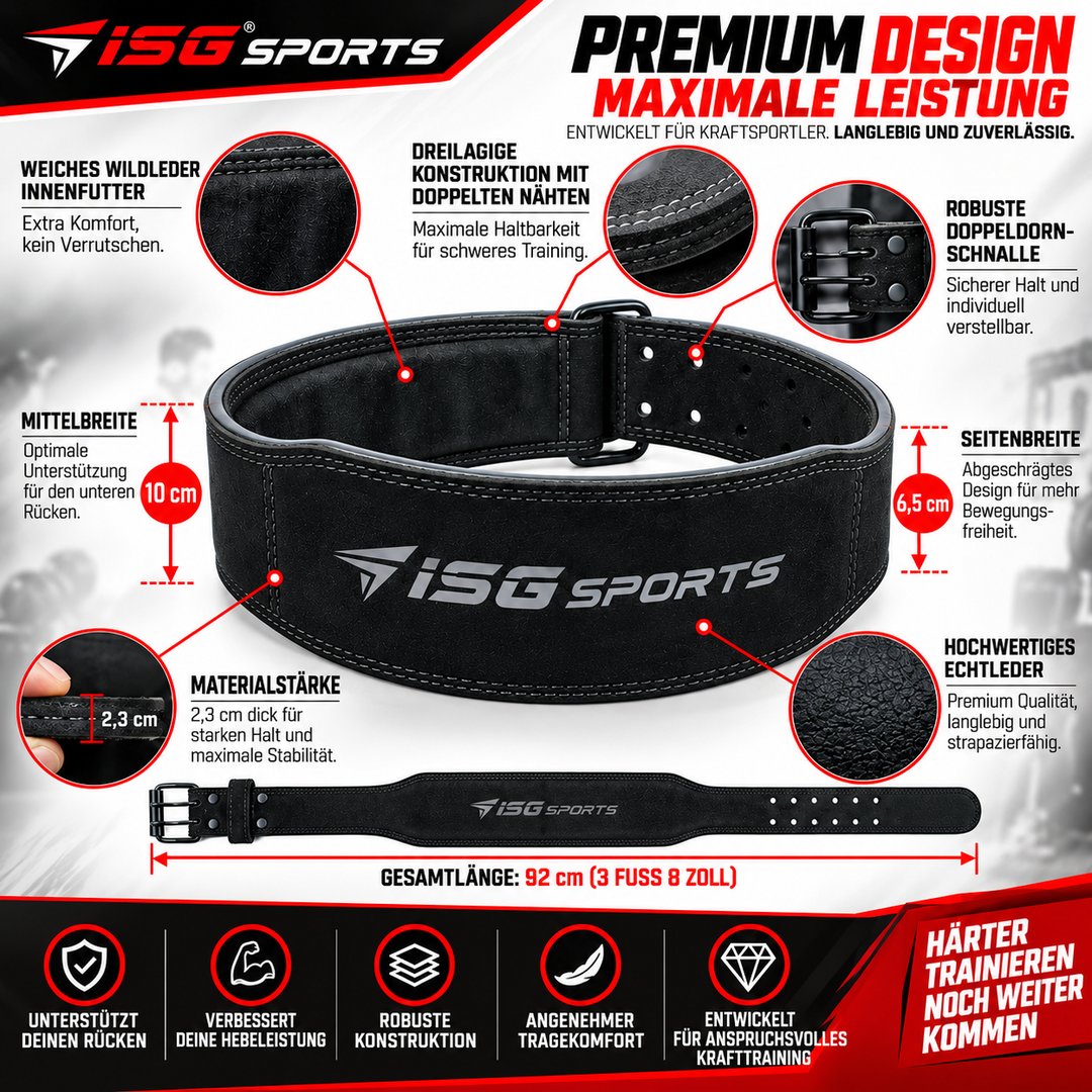 ISG Sports Einfach-Dorn Leder Hebegürtel – 4" Breit Premium Leder – Robust &amp; Langlebig für Powerlifting, Kniebeugen &amp; Kreuzheben