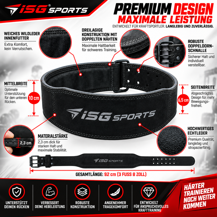 ISG Sports Einfach-Dorn Leder Hebegürtel – 4" Breit Premium Leder – Robust &amp; Langlebig für Powerlifting, Kniebeugen &amp; Kreuzheben