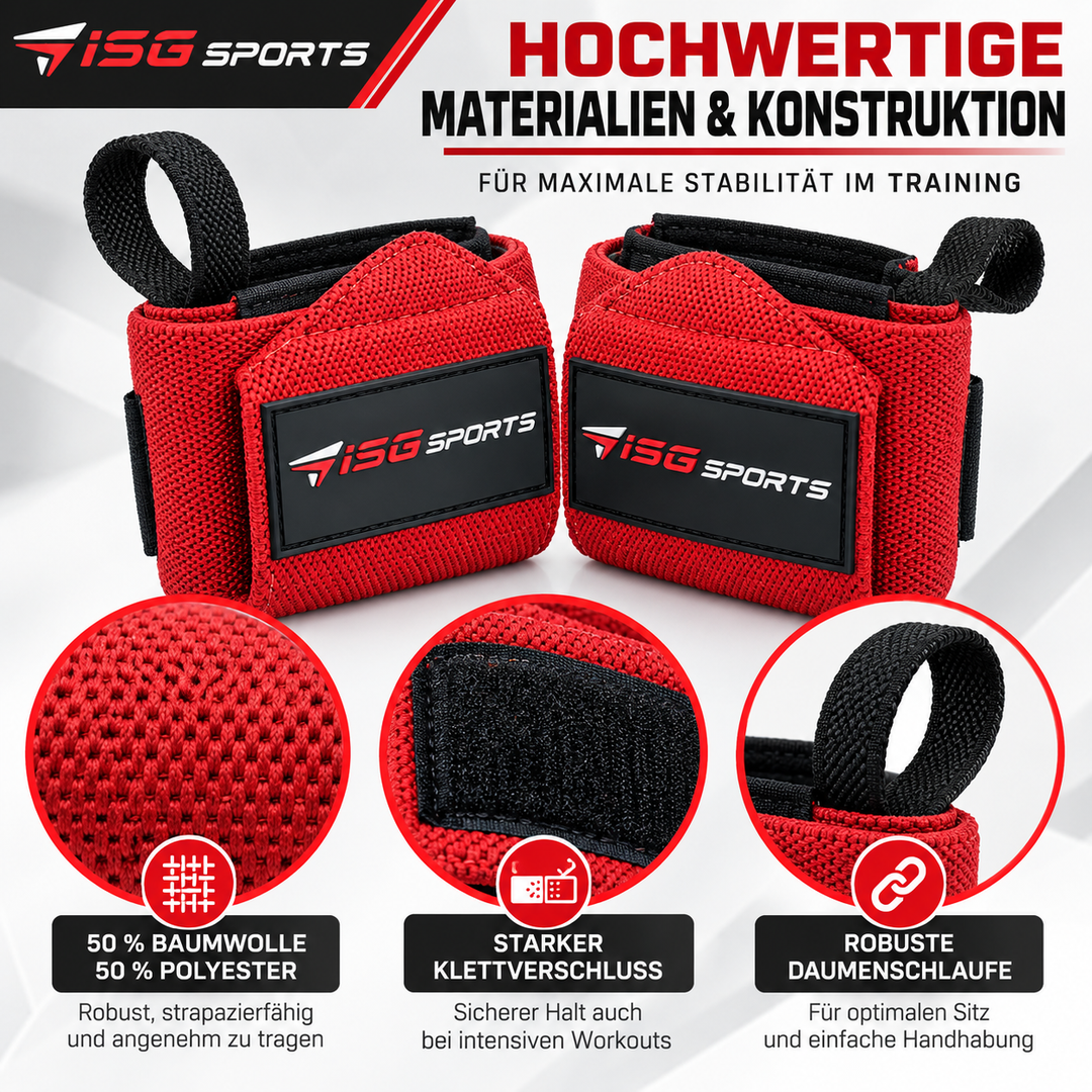 ISG Sports Heavy-Duty Wrist Wraps Rot Handgelenkbandagen mit Daumenschlaufe &amp; Klettverschluss für maximale Unterstützung