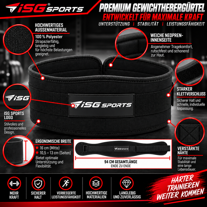 ISG Sports Premium Schwarz Weightlifting Belt 100 % Polyester &amp; Neopren – 94 cm Länge, 16 cm Rückenbreite Klettverschluss Für Powerlifting, CrossFit &amp; Krafttraining