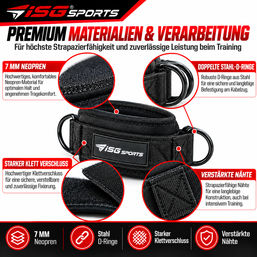 ISG Sports Schwarz Ankle Straps 7 mm Neopren, 27,94 cm Länge,Doppelte Stahl D-Ringe, Klettverschluss  Für Cross Training &amp; Beinpresse