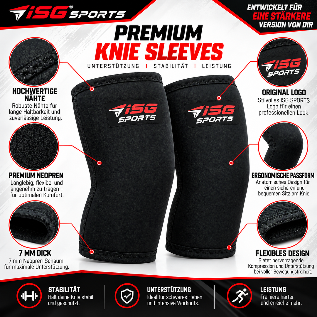 ISG Sports Premium Schwarz  Knieschoner 7 mm Neopren Größe L 30 cm Länge,470 g pro Paar Für Gewichtheben &amp; Krafttraining