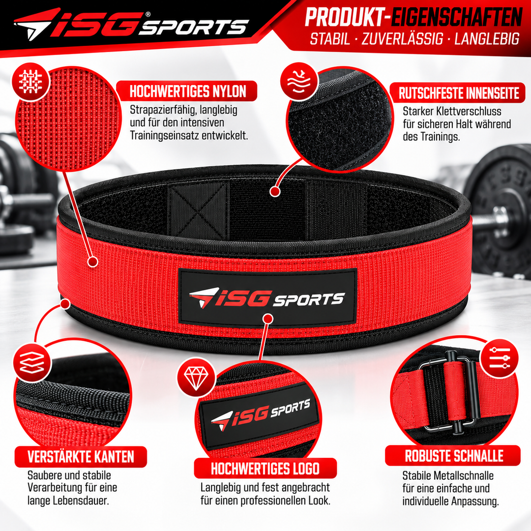 ISG Sports Nylon Rot Weightlifting Belt 95 cm Länge  Premium Nylon, Metall Schnalle &amp; Klettverschluss Für Gewichtheben, Krafttraining &amp; Powerlifting
