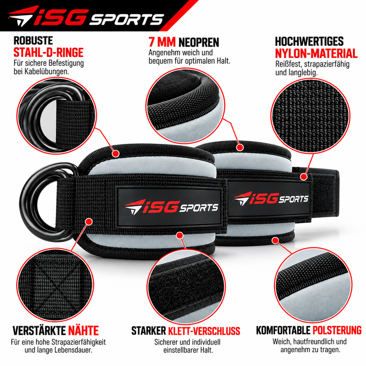 ISG Sports Graue Knöchel Straps 7 mm Neopren 28 cm Länge,Robuste Stahl D-Ringe &amp; Klettverschluss  Für Beintraining, Po-Straffung &amp; Kabelübungen