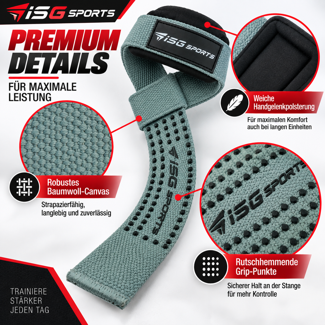 ISG Sports Lifting Straps Grau – Gel-Dotted Baumwoll-Handgelenkstraps für Deadlifts, Rows &amp; Zugübungen
