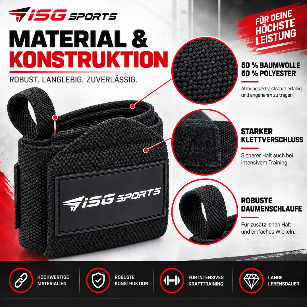 ISG Sports Heavy-Duty Wrist Wraps Schwarz Handgelenkbandagen mit Daumenschlaufe &amp; Klettverschluss für maximale Unterstützung