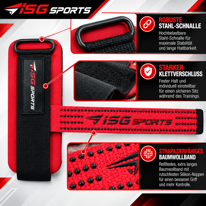 ISG Sports Non-Slip Weightlifting Wrist Straps in Rot Robustes Baumwollband &amp; starke Stahl-Schnalle Non-Slip Handgelenkstraps mit 7 mm Neopren