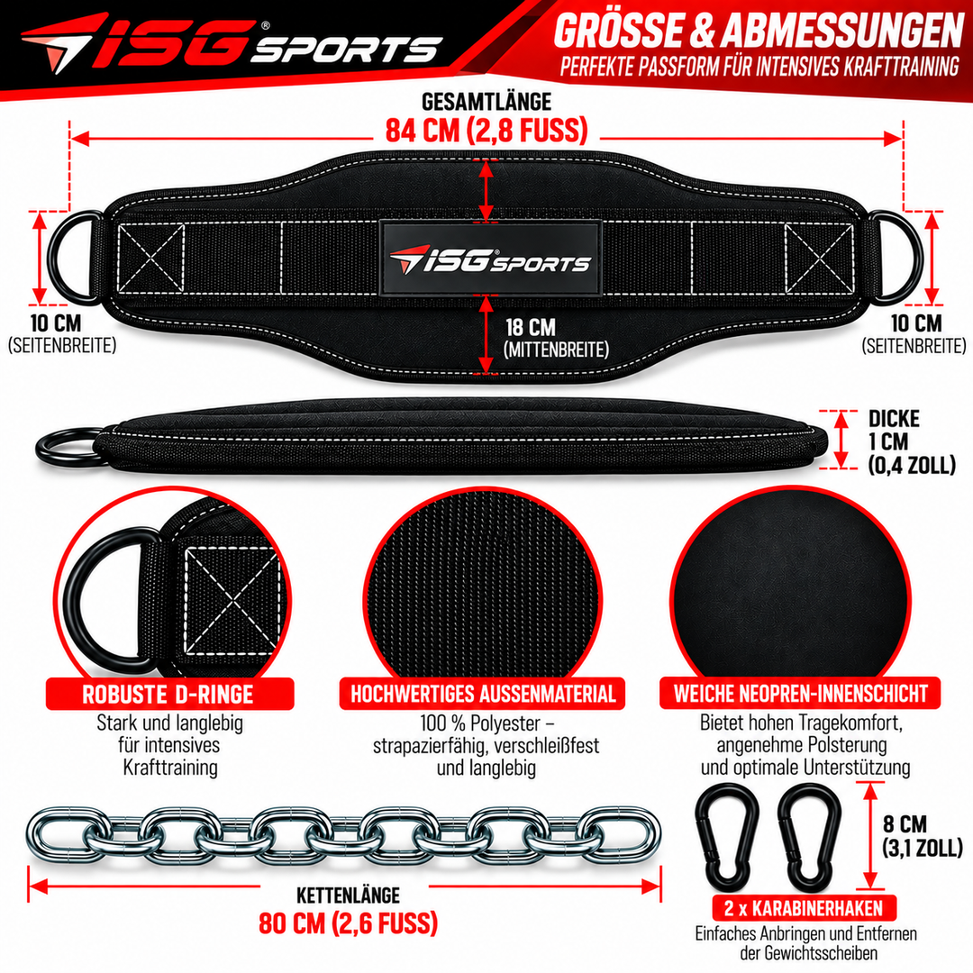 ISG Sports Dip Gürtel – 84 cm Länge, 10 cm Seitenbreite 100 % Polyester, Neopren, Stahlkette 80 cm &amp; 2 Karabiner – Für Dips &amp; Klimmzüge