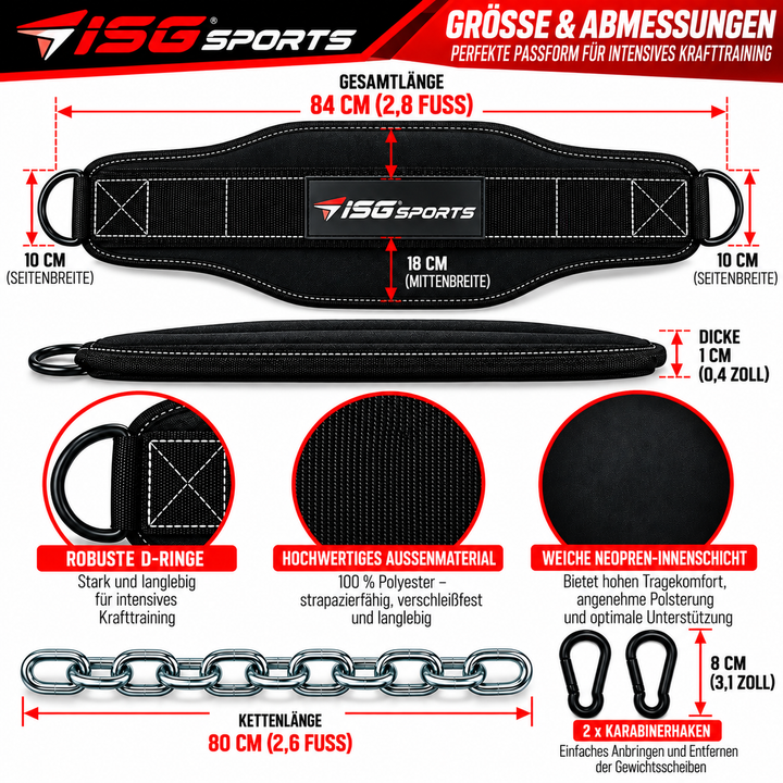ISG Sports Dip Gürtel – 84 cm Länge, 10 cm Seitenbreite 100 % Polyester, Neopren, Stahlkette 80 cm &amp; 2 Karabiner – Für Dips &amp; Klimmzüge