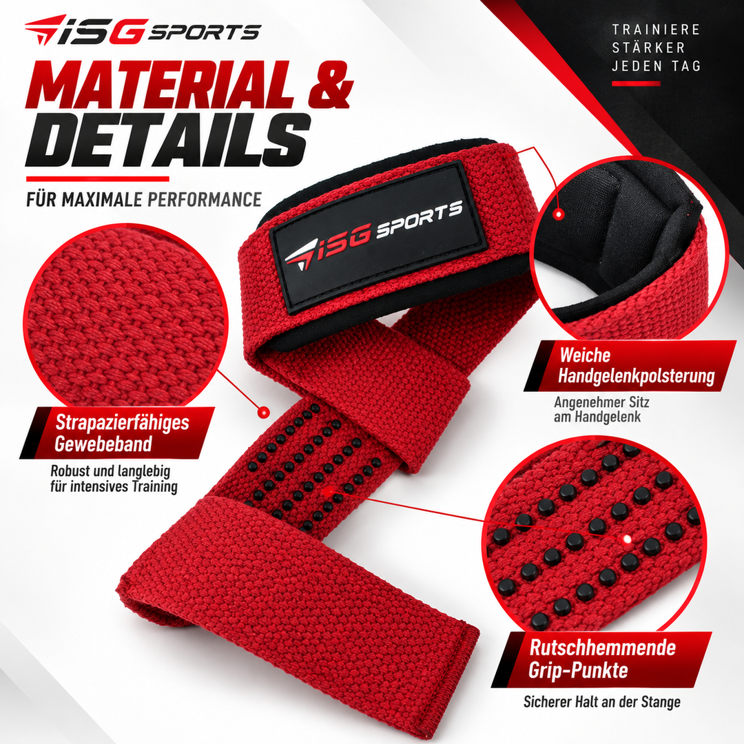 ISG Sports Lifting Straps Rot Handgelenkstraps mit Grip-Punkten für Deadlifts, Rows &amp; Zugübungen Komfort &amp; maximale Leistung