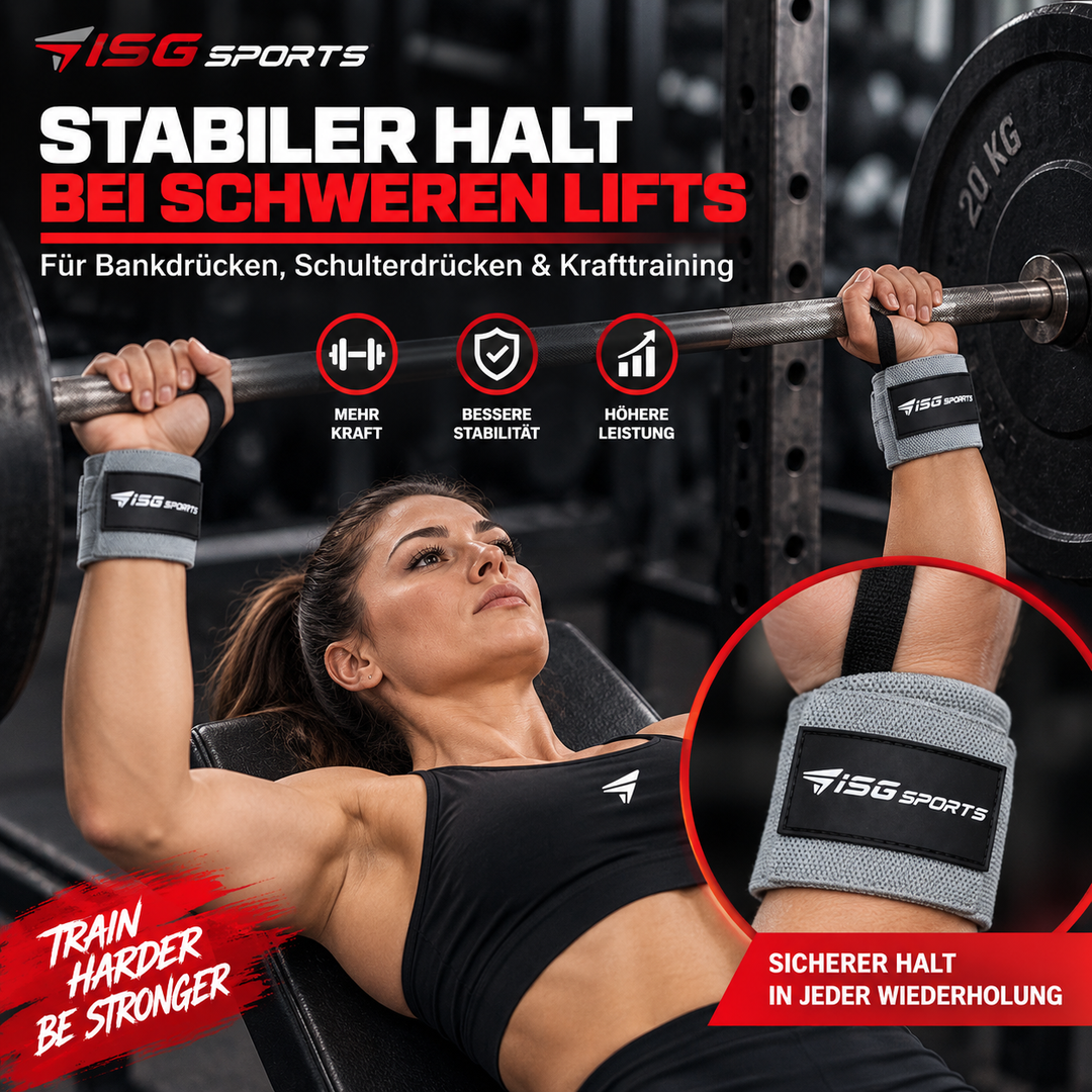 ISG Sports Heavy-Duty Wrist Wraps Grau Handgelenkbandagen mit Daumenschlaufe &amp; Klettverschluss für maximale Unterstützung Kompression &amp; Schutz bei schweren Lifts