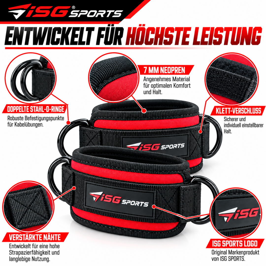 ISG Sports Rote Knöchel Straps 7mm Neopren 27,94 cm Länge, Doppelte Stahl-D-Ringe &amp; Klettverschluss Perfekt Für Glute Kickbacks, Hip Abductions &amp; Cable Leg Exercises Kniebeugen