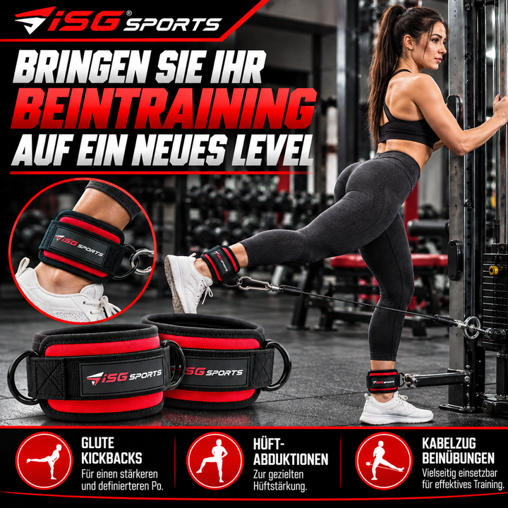 ISG Sports Rote Knöchel Straps 7mm Neopren 27,94 cm Länge, Doppelte Stahl-D-Ringe &amp; Klettverschluss Perfekt Für Glute Kickbacks, Hip Abductions &amp; Cable Leg Exercises Kniebeugen