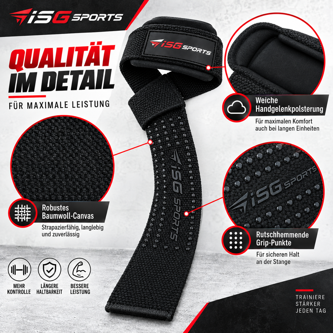 ISG Sports Lifting Straps Schwarz Gel-Dotted Baumwoll-Handgelenkstraps für Deadlifts, Rows &amp; Zugübungen Stabilität &amp; Komfort