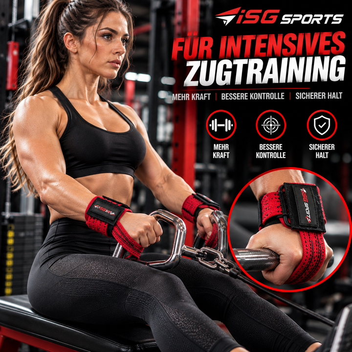 ISG Sports Non-Slip Weightlifting Wrist Straps in Rot Robustes Baumwollband &amp; starke Stahl-Schnalle Non-Slip Handgelenkstraps mit 7 mm Neopren