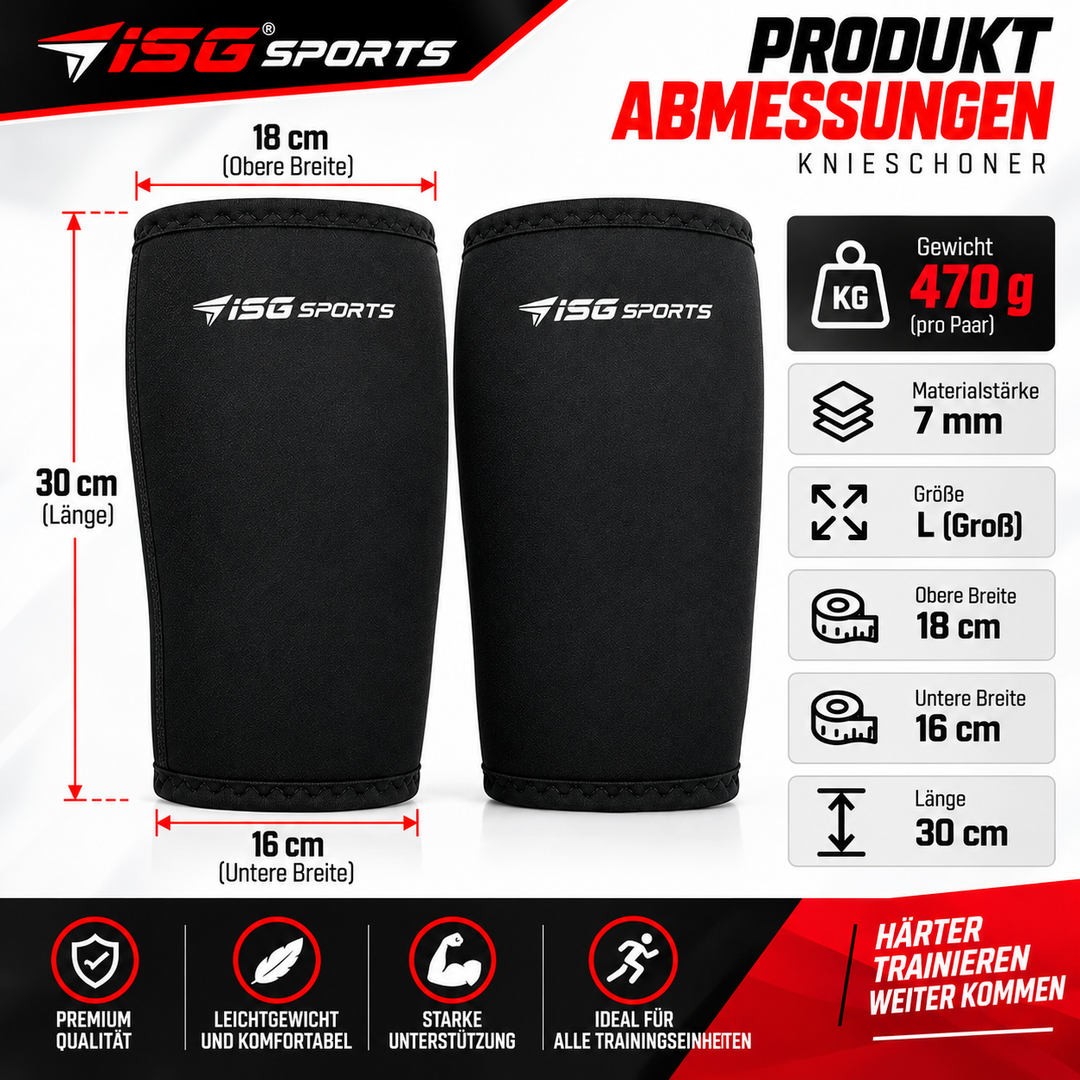 ISG Sports Premium Schwarz  Knieschoner 7 mm Neopren Größe L 30 cm Länge,470 g pro Paar Für Gewichtheben &amp; Krafttraining