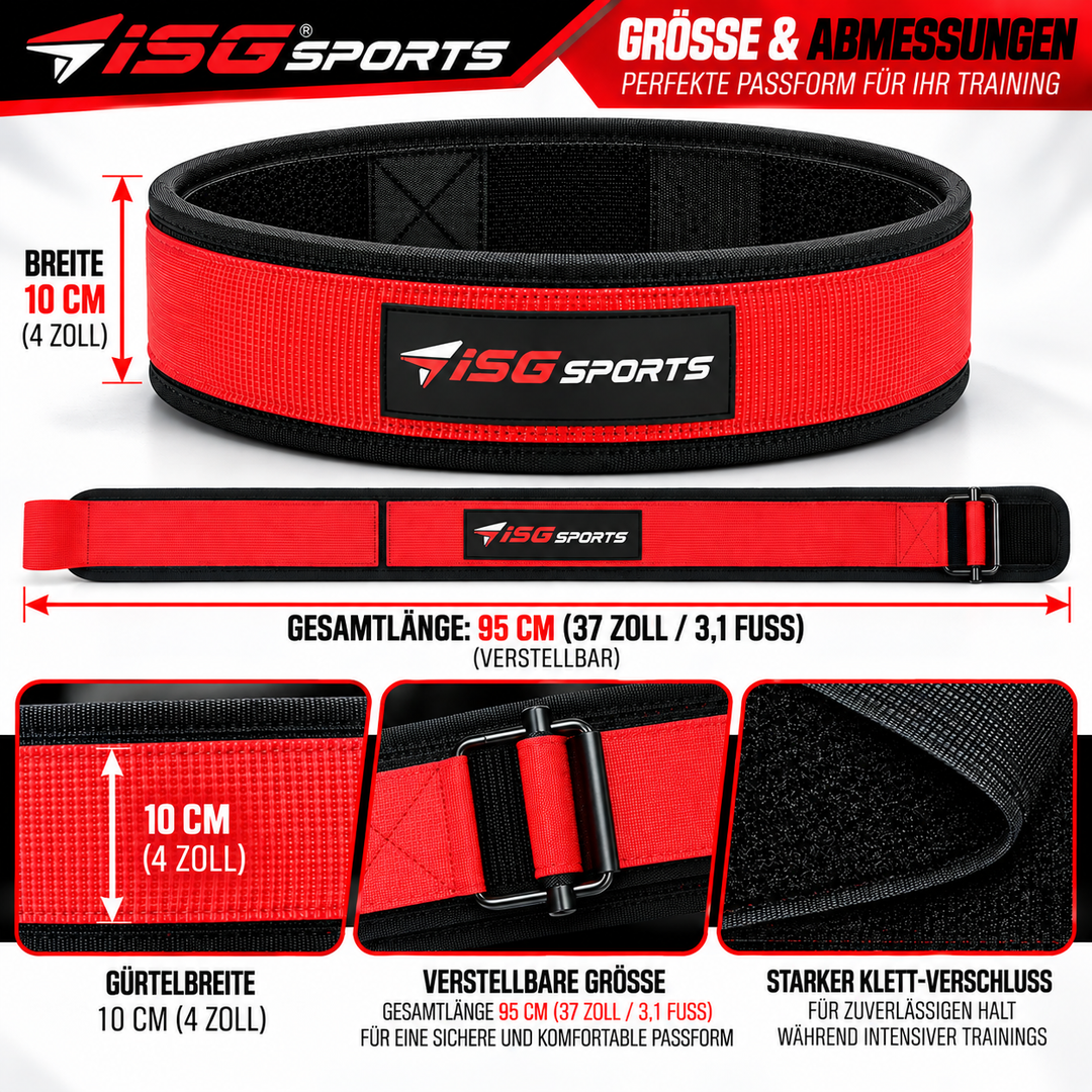 ISG Sports Nylon Rot Weightlifting Belt 95 cm Länge  Premium Nylon, Metall Schnalle &amp; Klettverschluss Für Gewichtheben, Krafttraining &amp; Powerlifting