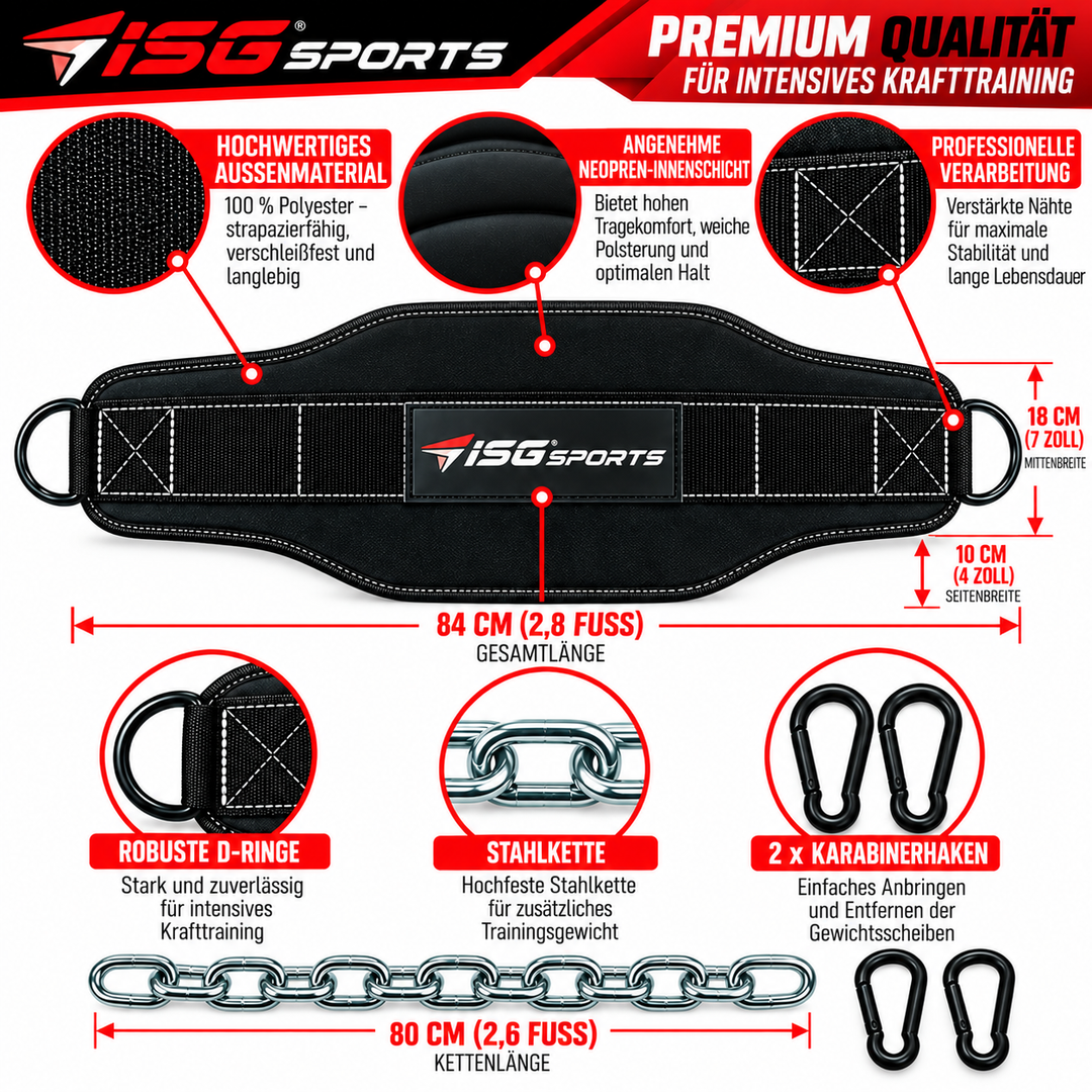 ISG Sports Dip Gürtel – 84 cm Länge, 10 cm Seitenbreite 100 % Polyester, Neopren, Stahlkette 80 cm &amp; 2 Karabiner – Für Dips &amp; Klimmzüge