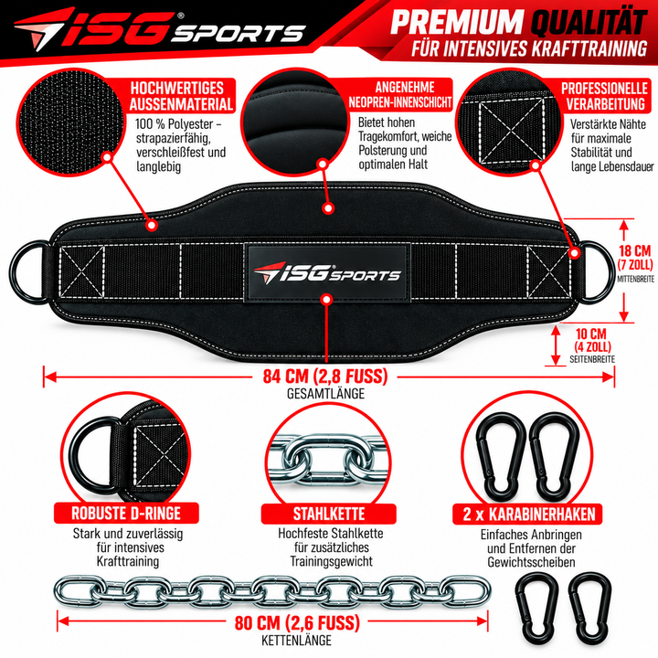 ISG Sports Dip Gürtel – 84 cm Länge, 10 cm Seitenbreite 100 % Polyester, Neopren, Stahlkette 80 cm &amp; 2 Karabiner – Für Dips &amp; Klimmzüge