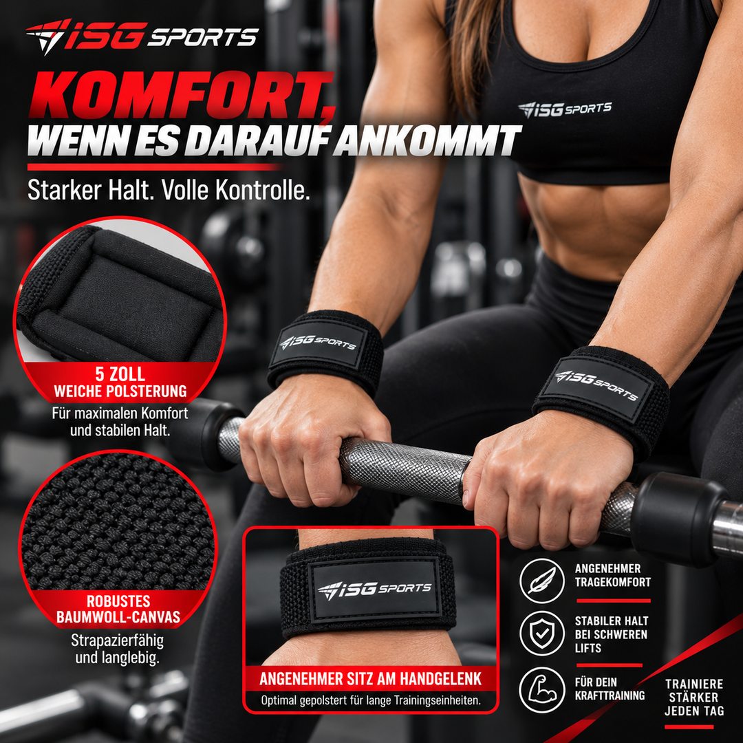 ISG Sports Lifting Straps Schwarz Handgelenkstraps mit 5 Zoll Polsterung für Deadlifts, Rows &amp; Zugübungen maximalen Halt &amp; Komfort