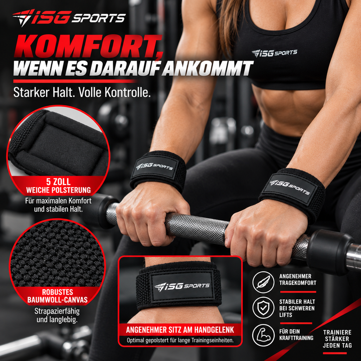 ISG Sports Lifting Straps Schwarz Handgelenkstraps mit 5 Zoll Polsterung für Deadlifts, Rows &amp; Zugübungen maximalen Halt &amp; Komfort