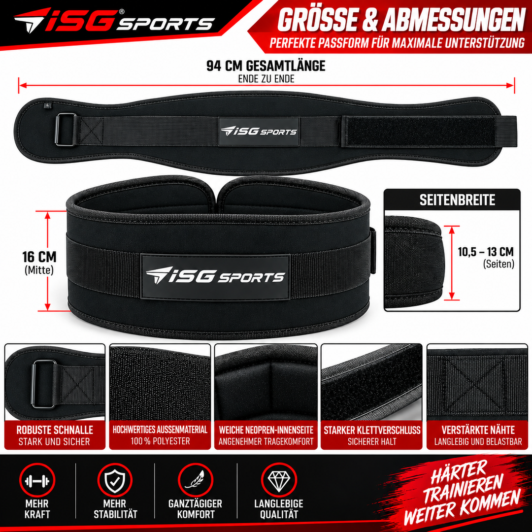 ISG Sports Premium Schwarz Weightlifting Belt 100 % Polyester &amp; Neopren – 94 cm Länge, 16 cm Rückenbreite Klettverschluss Für Powerlifting, CrossFit &amp; Krafttraining