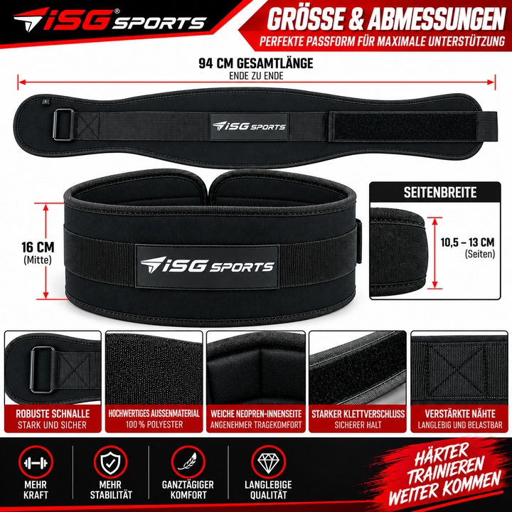ISG Sports Premium Schwarz Weightlifting Belt 100 % Polyester &amp; Neopren – 94 cm Länge, 16 cm Rückenbreite Klettverschluss Für Powerlifting, CrossFit &amp; Krafttraining
