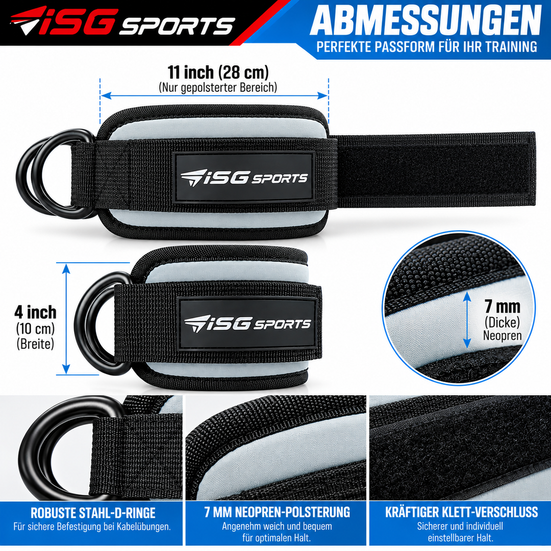 ISG Sports Graue Knöchel Straps 7 mm Neopren 28 cm Länge,Robuste Stahl D-Ringe &amp; Klettverschluss  Für Beintraining, Po-Straffung &amp; Kabelübungen