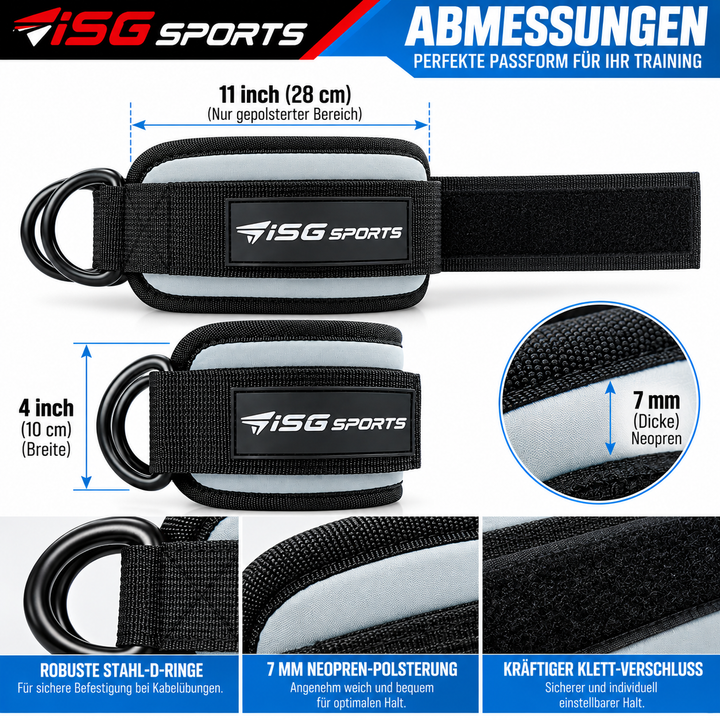 ISG Sports Graue Knöchel Straps 7 mm Neopren 28 cm Länge,Robuste Stahl D-Ringe &amp; Klettverschluss  Für Beintraining, Po-Straffung &amp; Kabelübungen