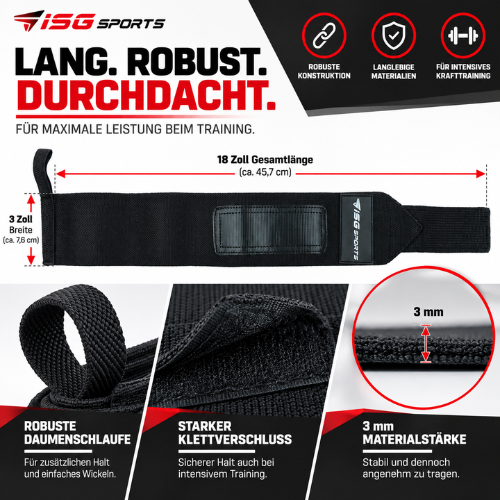 ISG Sports Heavy-Duty Wrist Wraps Schwarz Handgelenkbandagen mit Daumenschlaufe &amp; Klettverschluss für maximale Unterstützung