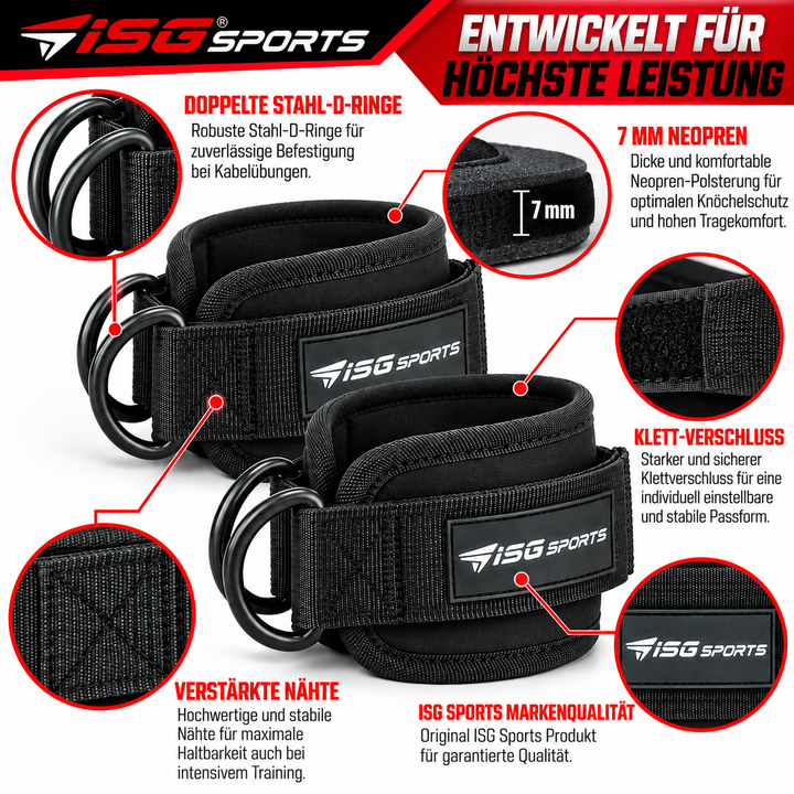 ISG Sports Schwarz Ankle Straps 7 mm Neopren, 27,94 cm Länge,Doppelte Stahl D-Ringe, Klettverschluss  Für Cross Training &amp; Beinpresse
